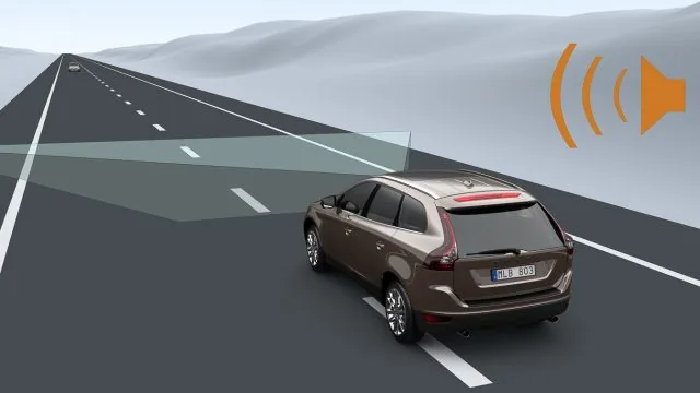 Diagram of a lane departure warning sensing an SUV drifting over the lane marking