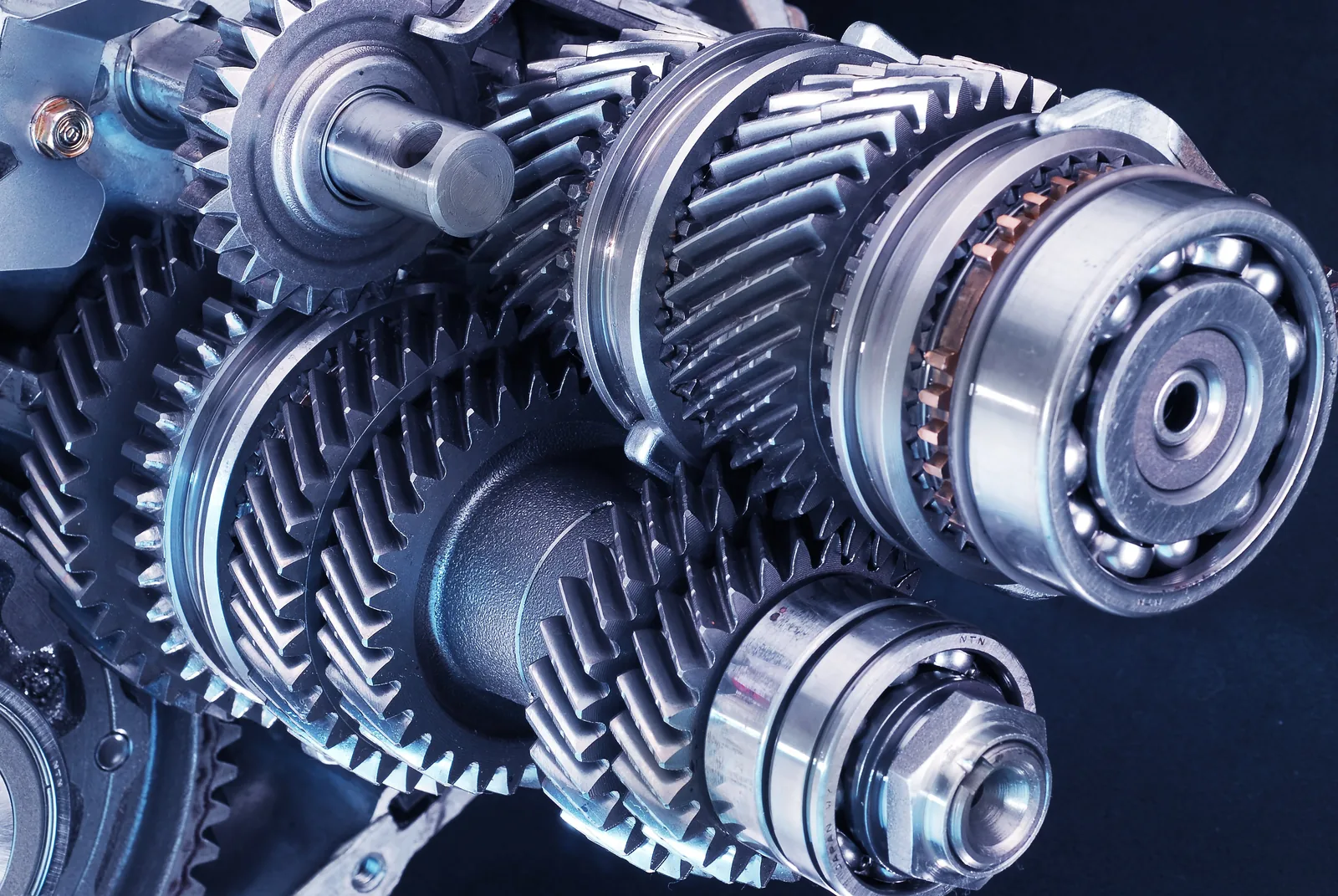 Close-up of the gears and bearings inside a car's transmission
