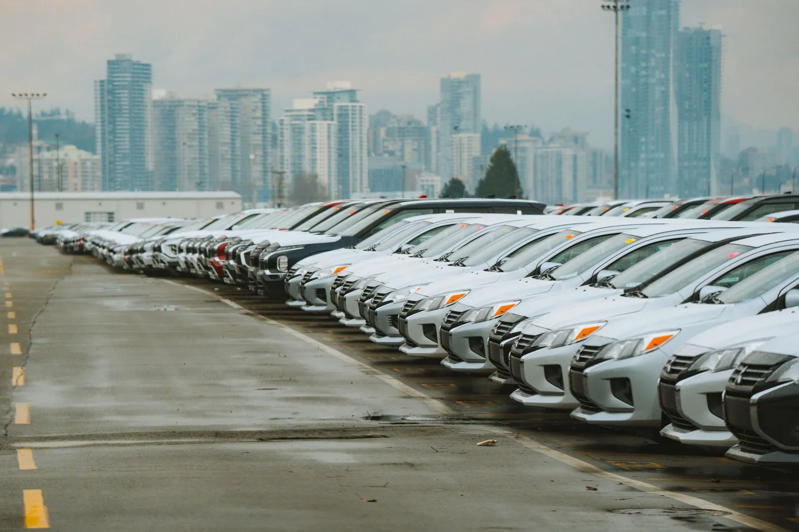Rows of unsold white cars parked nose to tail on a dealer lot with a city skyline behind them