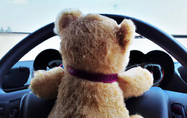 Teddy bear propped up behind the steering wheel of a parked car
