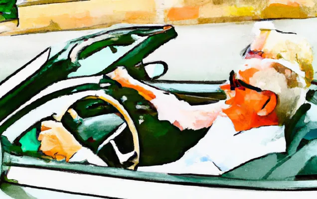 Painted illustration of an older man driving an open-top green car