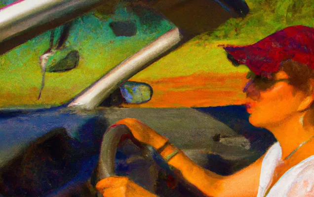 Painted illustration of a driver in a red cap with both hands on the wheel