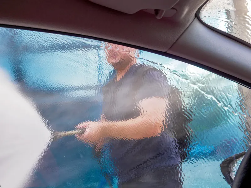 View from inside a car as water runs down the window during a wash