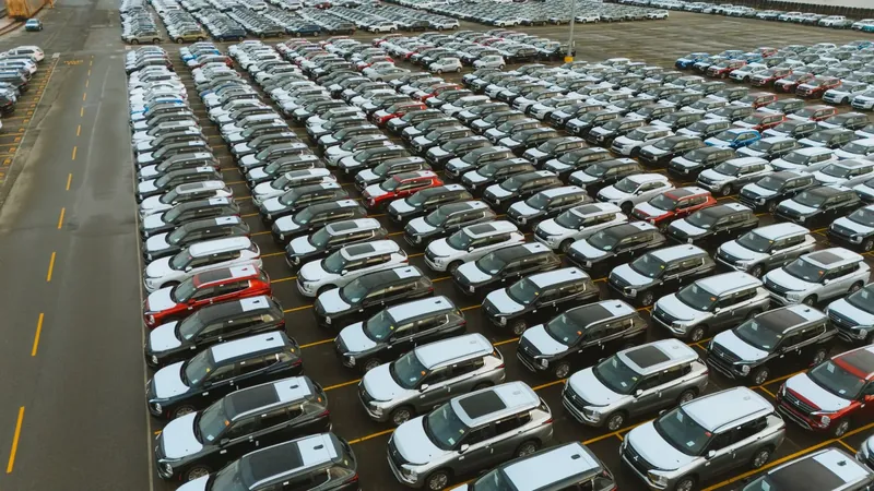 Aerial view of a distribution yard packed with rows of brand-new cars waiting to be delivered to dealers