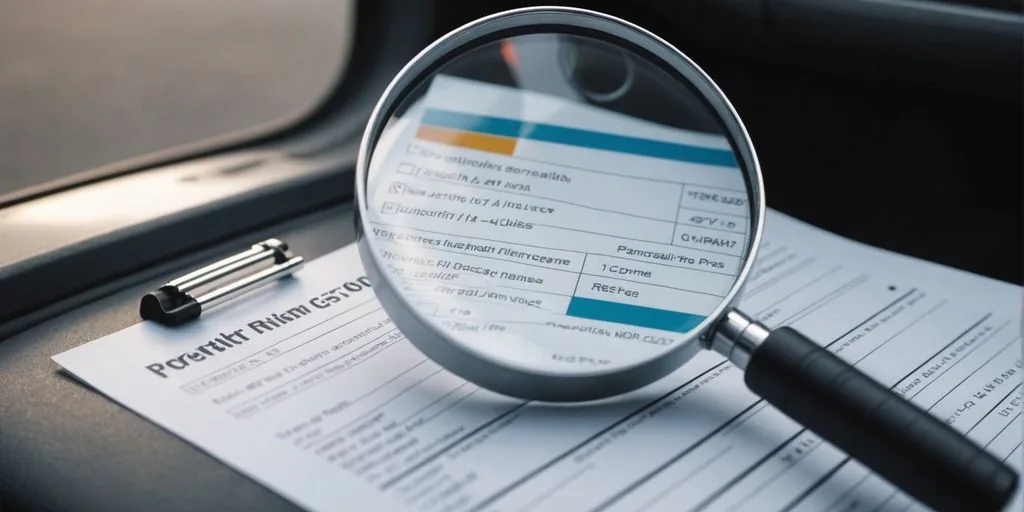 Car, magnifying glass, checklist for PPSR/REVS check