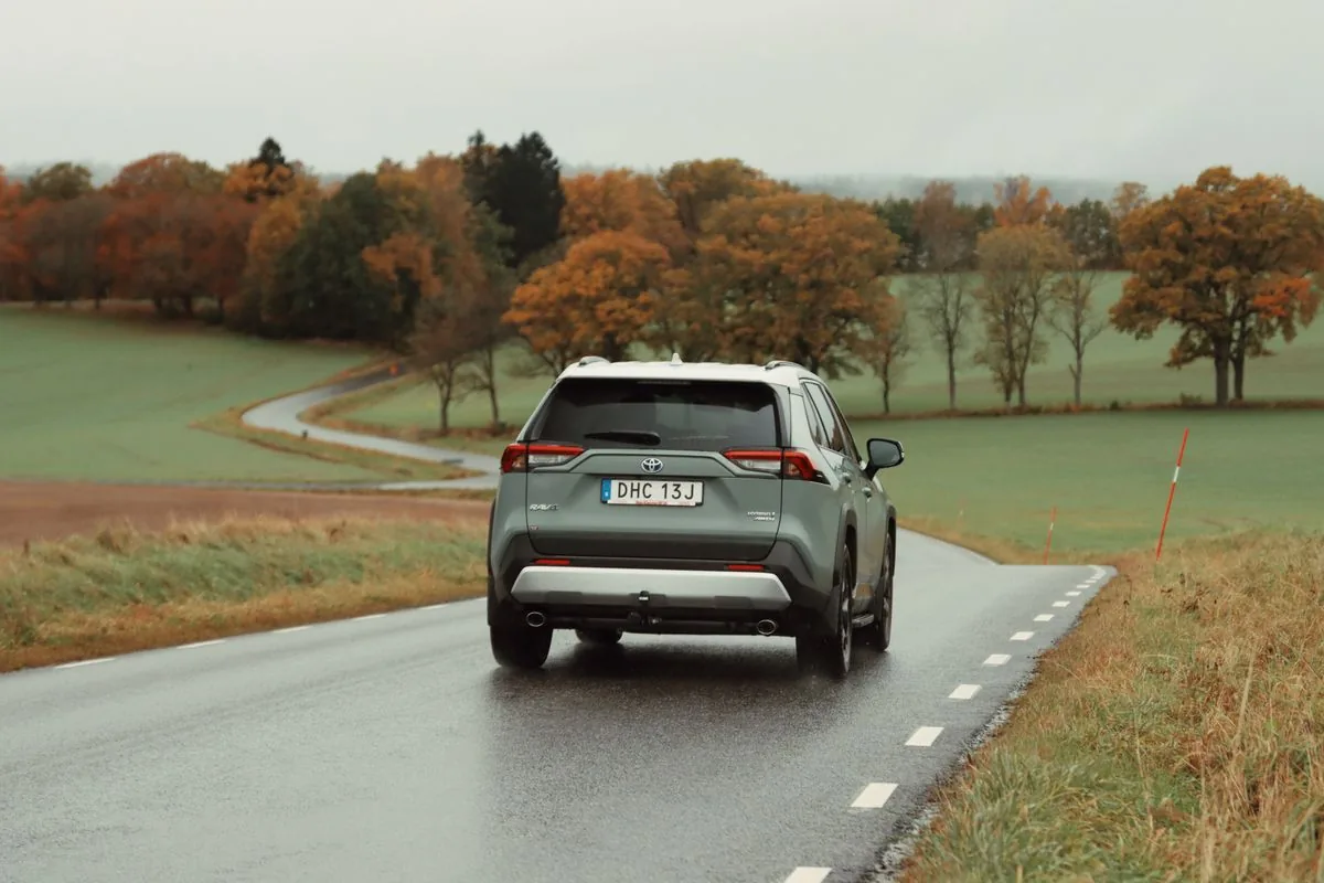 The rear of a current Toyota RAV4 on a wet country road