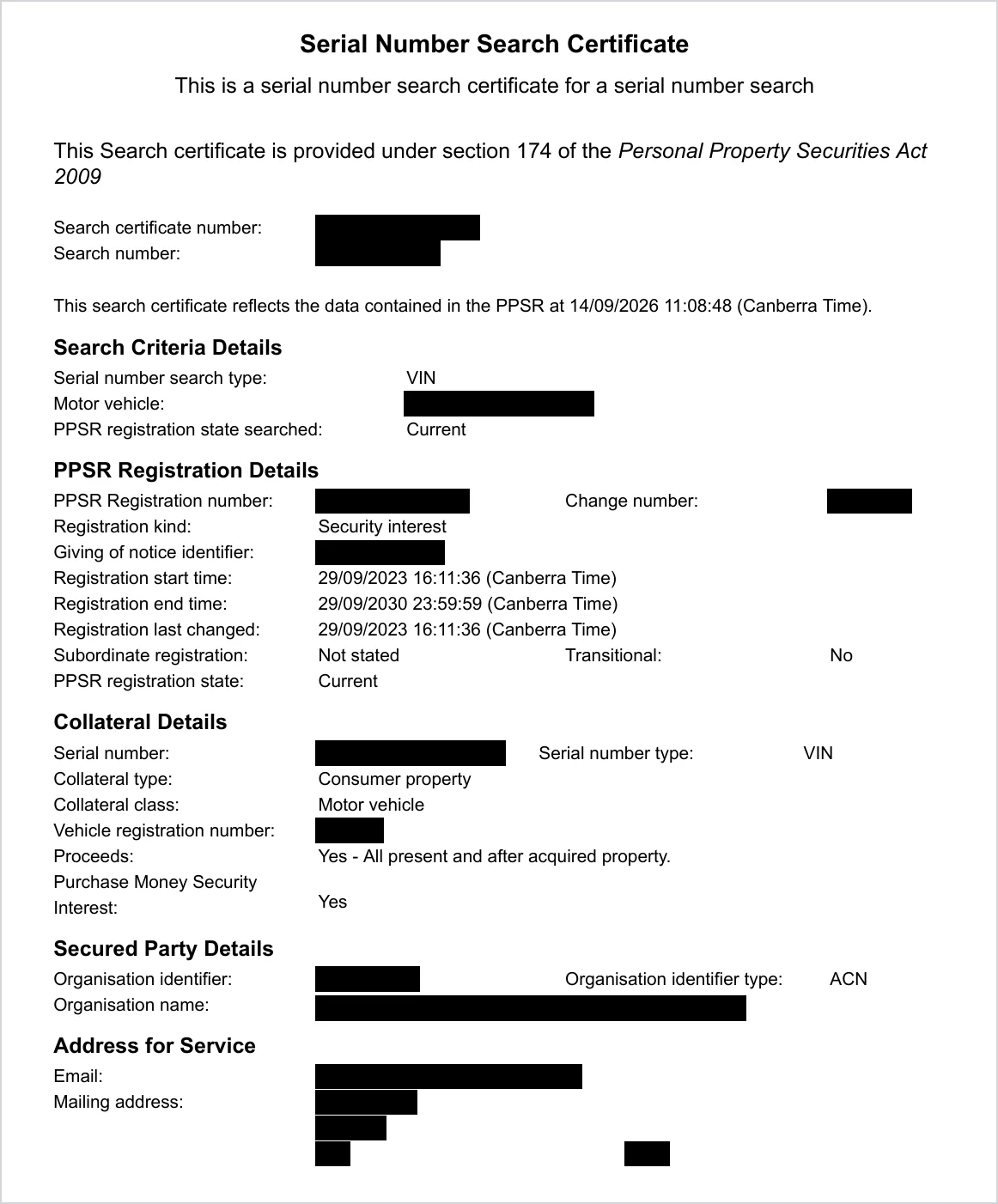 PPSR search certificate showing a security interest registered against a used car, with the VIN, plates and lender details blacked out
