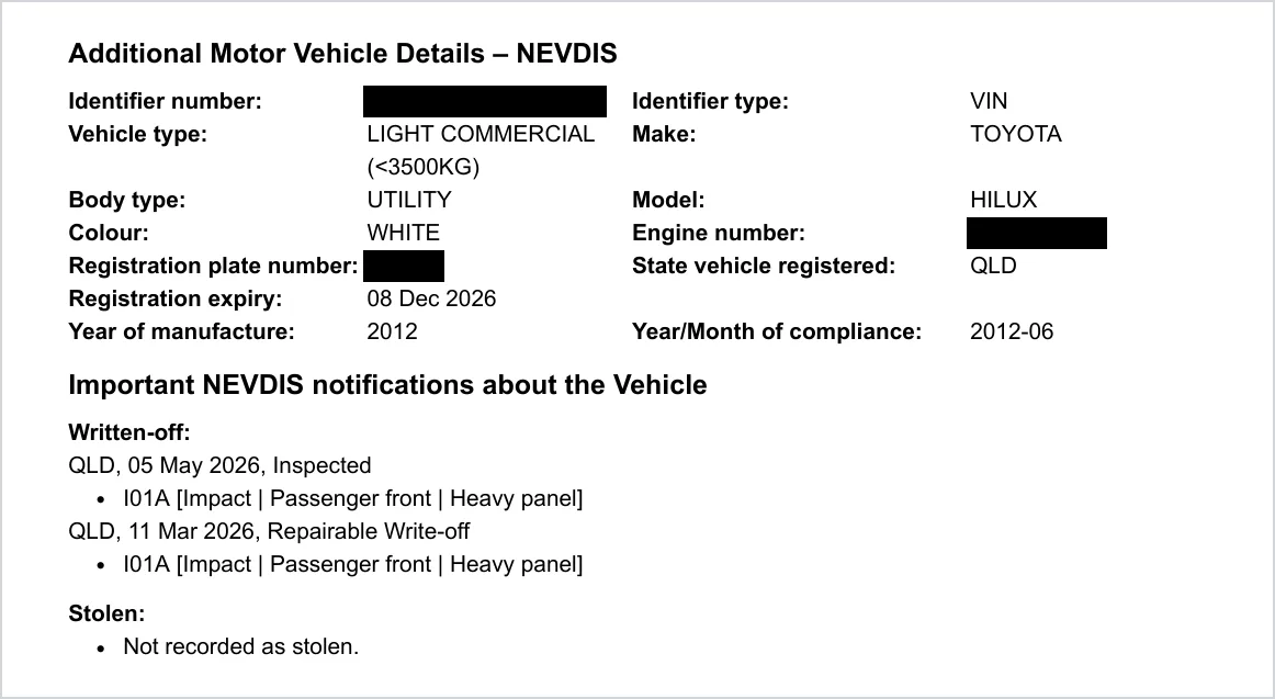 Vehicle section of a PPSR certificate for a 2012 Toyota Hilux showing a repairable write-off record and no stolen record